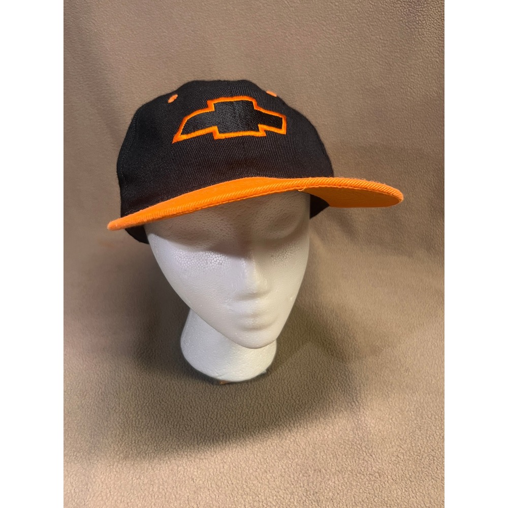 Chevrolet Bowtie Logo Snapback Hat Black Orange Two Tone Flat Brim Cap Mens OSFM